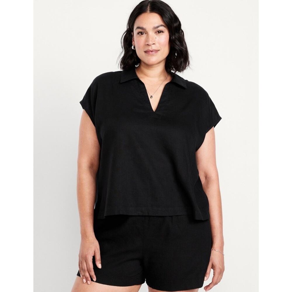 NEW Old Navy Womens XL Linen Blend Cropped Popover Shirt Boxy Neutral Breathable